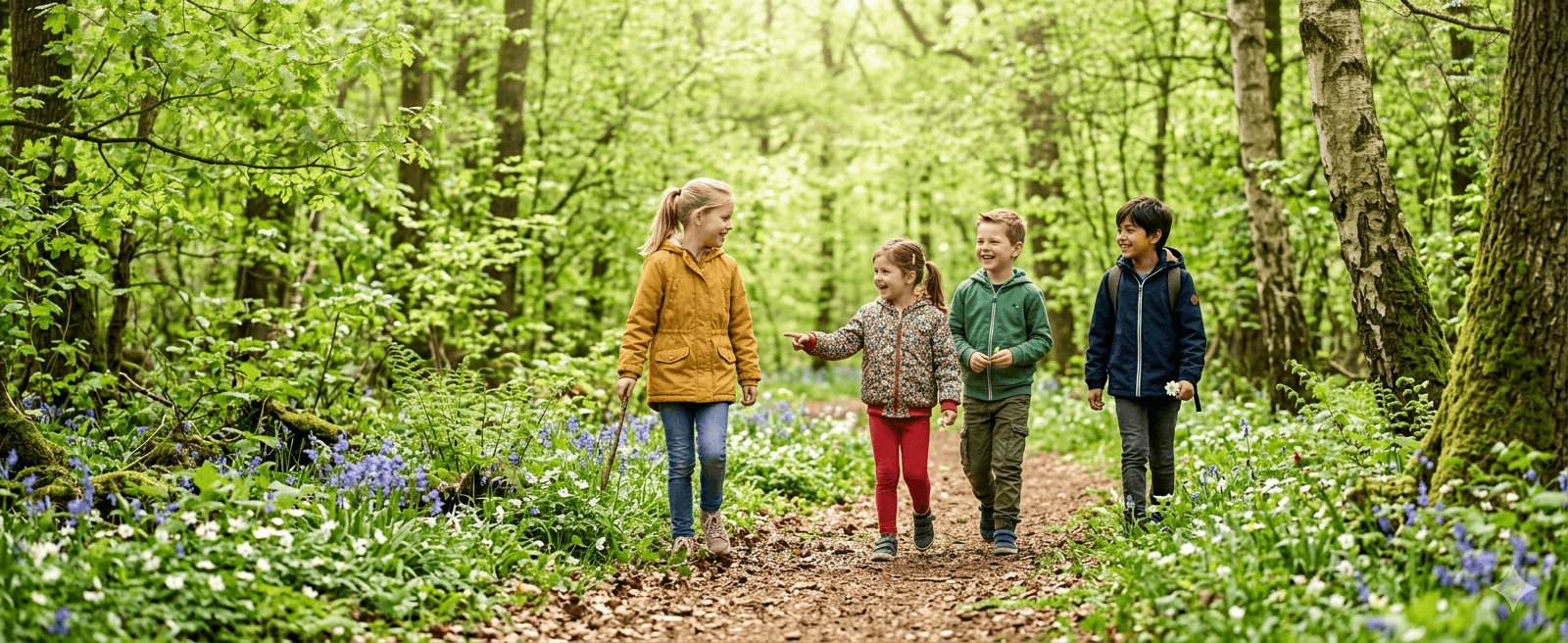 Kinderen wandelen door een lenteachtig bos